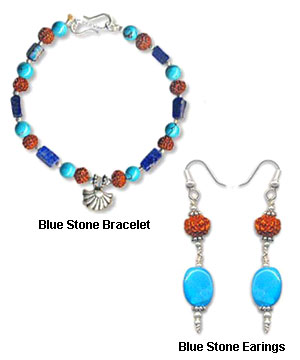Rudraksha Turquoise Earrings And Blue Stone Bracelet